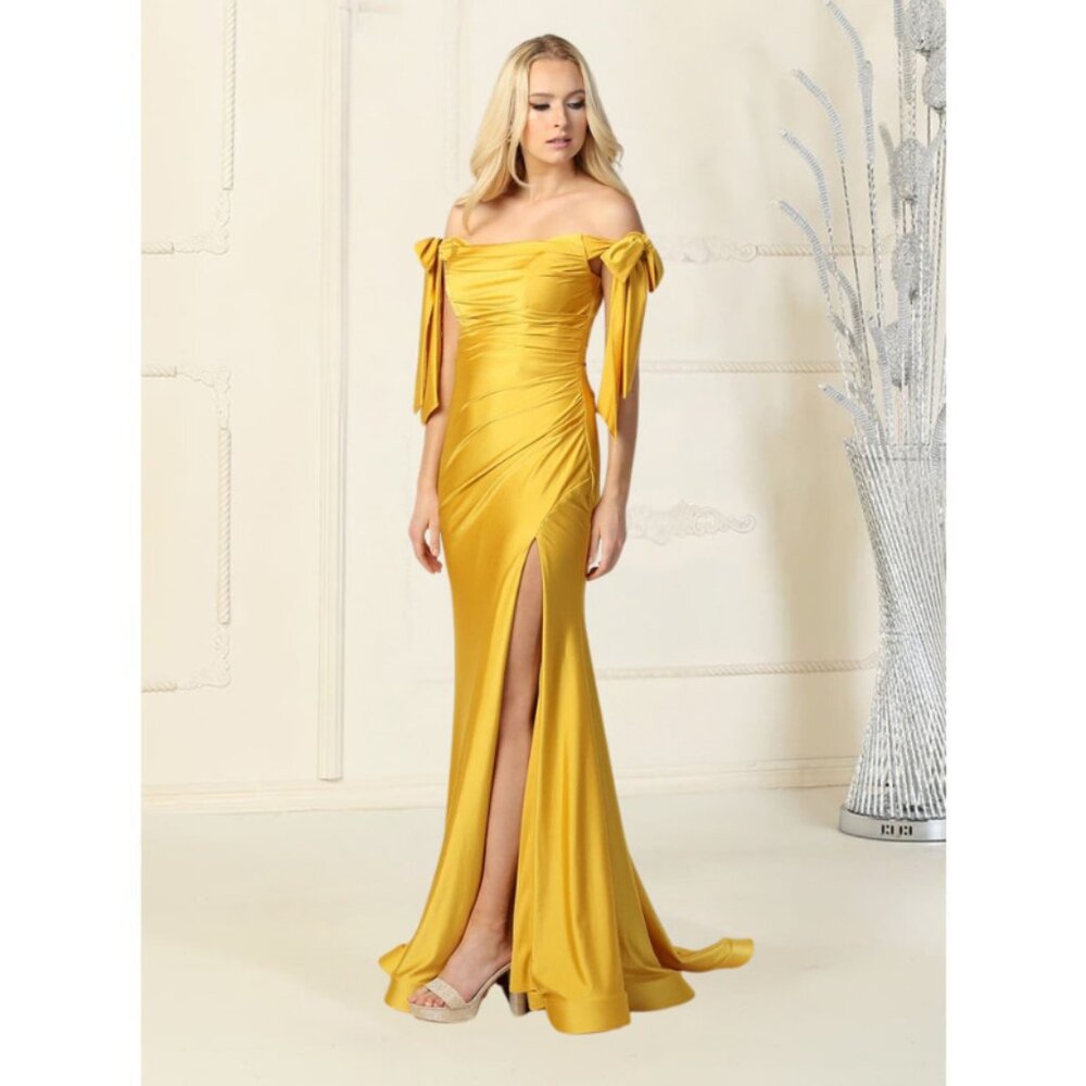 Mustard Gala Long Cowl Neck Off The Shoulder Trumpet Dress By May Queen MQ1858